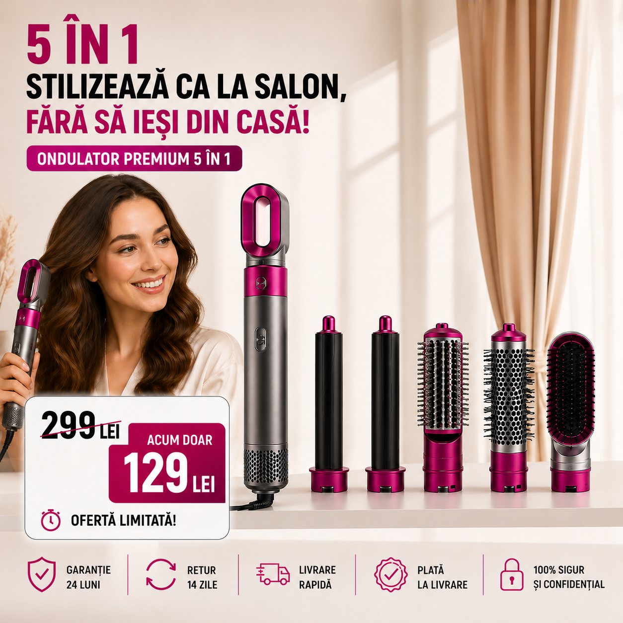 PERIE ȘI USCĂTOR ROTATIV DE PĂR 5-ÎN-1 PENTRU PĂR USCAT, ONDULAT ȘI DREPT