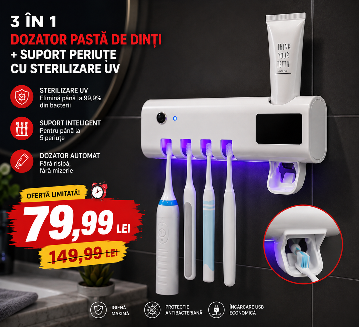 SmartClean™ 3 în 1 – Dozator Pastă de Dinți, Suport Periuțe & Sterilizare UV