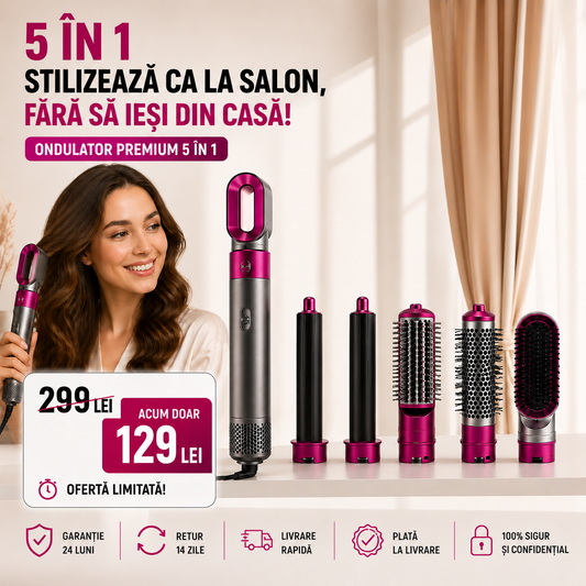 PERIE ȘI USCĂTOR ROTATIV DE PĂR 5-ÎN-1 PENTRU PĂR USCAT, ONDULAT ȘI DREPT